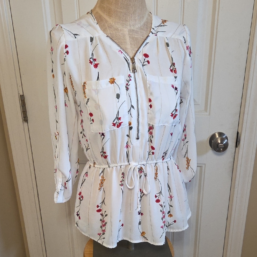 White Floral Gold Stripe Zipper Blouse With Pockets - Picture 1 of 7